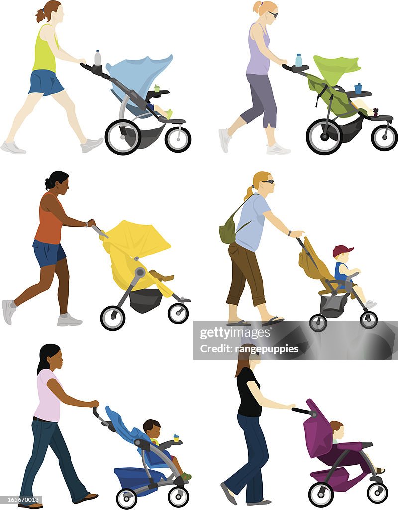 A cartoon depiction of multiple moms pushing stroller