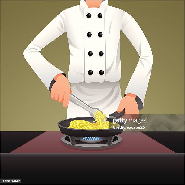 chef cooking spaghetti - stove flame stock illustrations