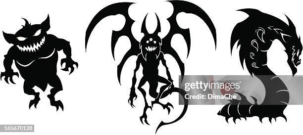 illustrazioni stock, clip art, cartoni animati e icone di tendenza di tre nero mostri - devil vector