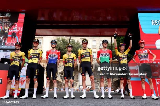 General view of Primoz Roglic of Slovenia, Jonas Vingegaard of Denmark, Sepp Kuss of The United States - Red Leader Jersey, Wilco Kelderman of The...