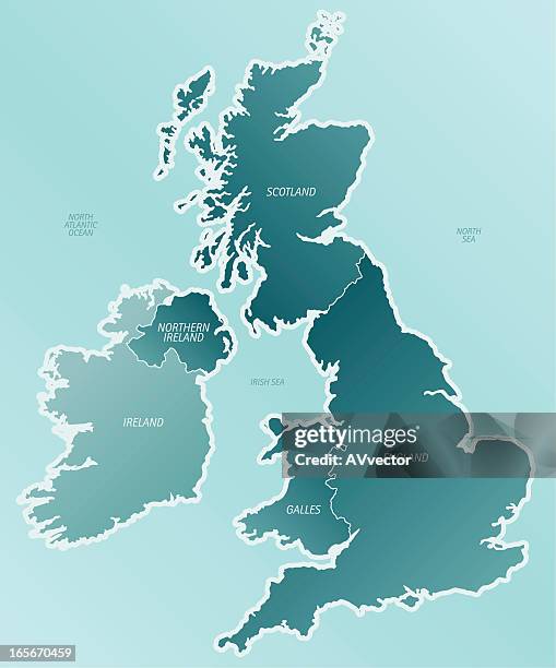 a cartoon depiction of a map of the united kingdom - irish sea stock illustrations