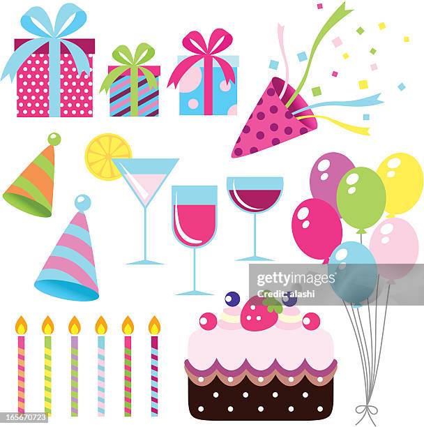 cute icon set: colorful party and celebration element - birthday cake background stock illustrations