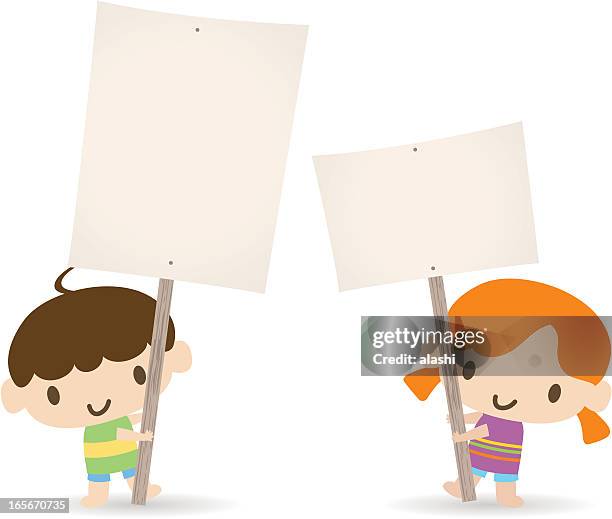 bildbanksillustrationer, clip art samt tecknat material och ikoner med children holding a blank sign for your message(boy and girl) - 2 3 år