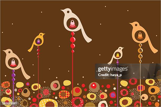 abstract colorful birds on brown background with eggs and pebbles - yellow candy background stock illustrations
