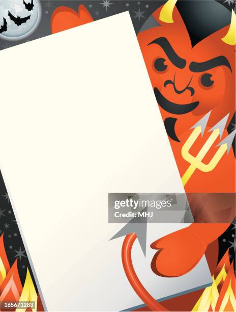 devil demon holding a sign halloween - holiday hell stock illustrations
