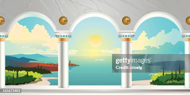 arch gallery & landscape view - sea view from window stock illustrations