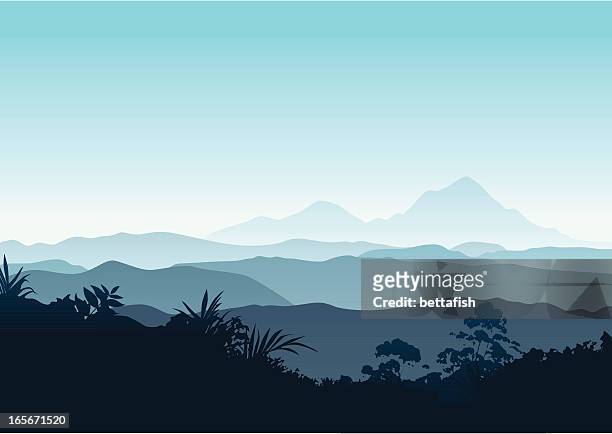 winter sunrise in the mountains - hill stock illustrations
