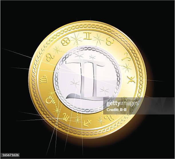 ilustraciones, imágenes clip art, dibujos animados e iconos de stock de moneda zodiac-gemini - gemelos