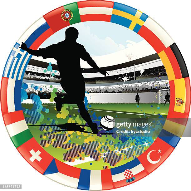 fußballspieler in einem ring von europäischen flaggen - deutschland fans stock-grafiken, -clipart, -cartoons und -symbole