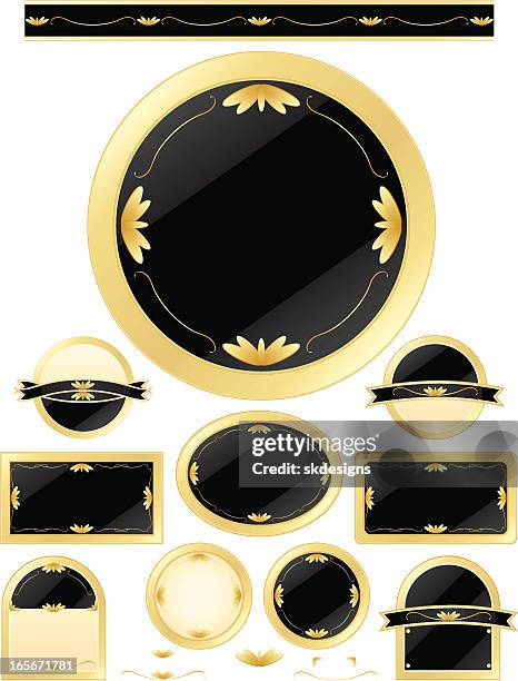 buttons set - rich black, metallic gold - gold plaque stock illustrations