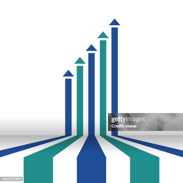 ein abwechselnd blaues und grünes 3d-balkendiagramm fließt vom boden auf die wand, wobei jeder balken mit einem pfeil versehen ist, um den fortschritt nach oben anzuzeigen. - bar graph vector stock-grafiken, -clipart, -cartoons und -symbole