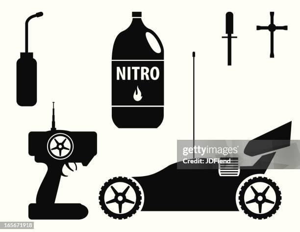illustrazioni stock, clip art, cartoni animati e icone di tendenza di rc nitro buggy con gli accessori - telecomando