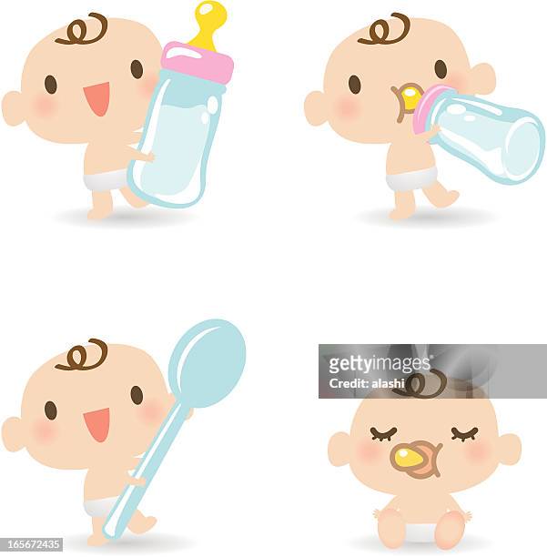 illustrazioni stock, clip art, cartoni animati e icone di tendenza di bambini carino (mangiare), bere dalla bottiglia del latte, a dormire - baby