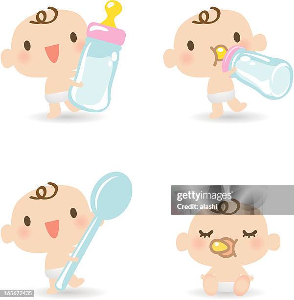 ilustrações, clipart, desenhos animados e ícones de linda bebês alimentação (comer, beber da garrafa de leite, de dormir - mamadeira