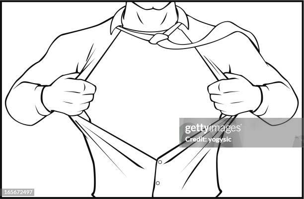 bildbanksillustrationer, clip art samt tecknat material och ikoner med superhero tearing shirt black and white - fastknäppt skjorta