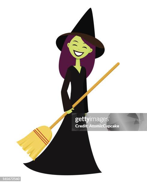 smiling witch with broom - witch stock illustrations