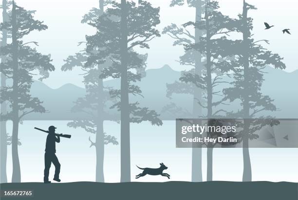 hunting season - dog chasing man stock illustrations