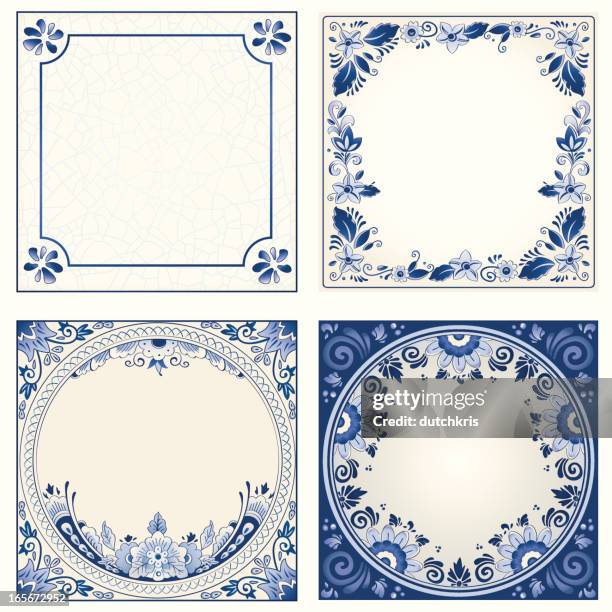 antique dutch delft blue tiles - pottery stock illustrations