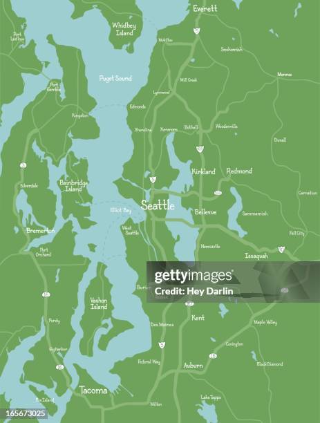 stockillustraties, clipart, cartoons en iconen met puget sound (seattle area) map - staat washington