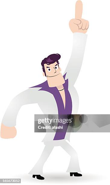 king of disco, dancing man,1970s styled dude points upward - 70s platform shoes stock illustrations
