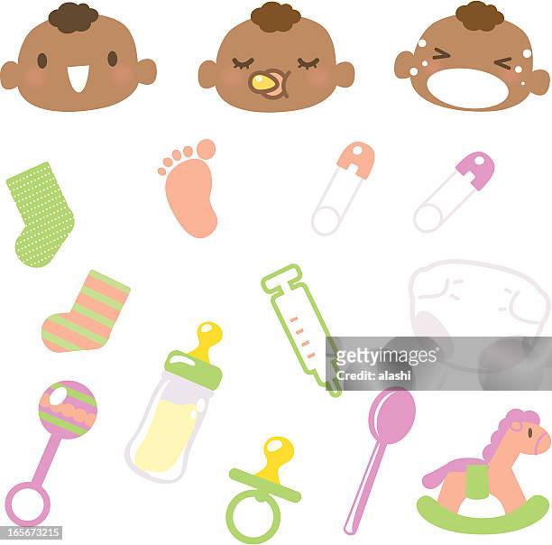 ilustrações, clipart, desenhos animados e ícones de conjunto de ícones-linda bebês emoticons e equipamento de bebê - smiley faces