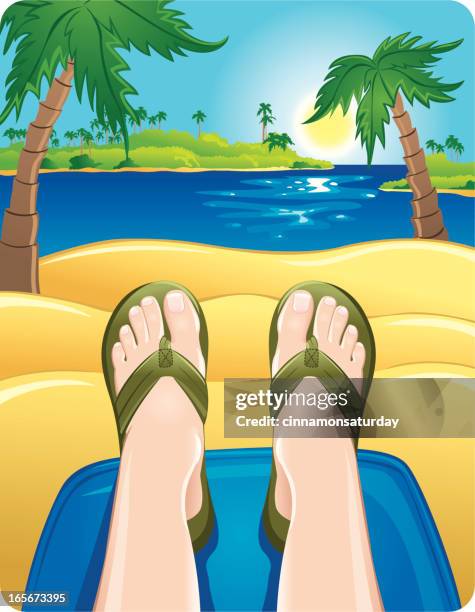 feet up relaxing at the beach - human foot stock illustrations