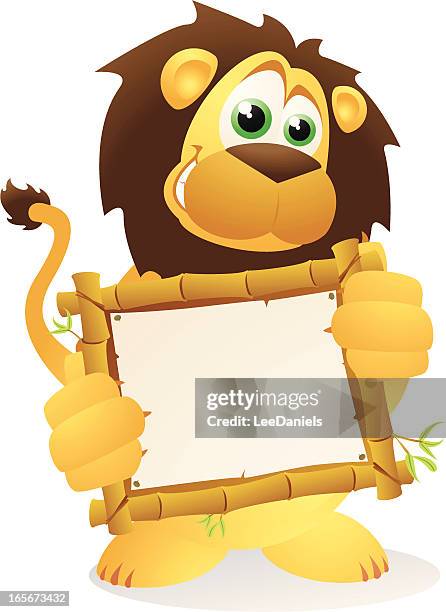 lion holding a blank bamboo sign - lions pride stock illustrations