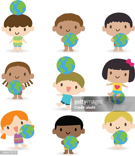 happy smiling multicultural kids with the earth - school children celebrate international earth day stock illustrations
