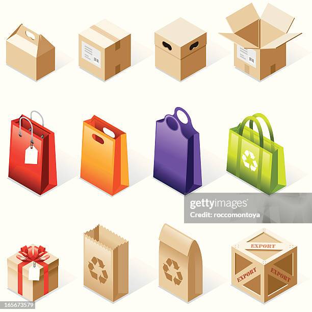 isometric symbole, boxen und taschen - bag stock-grafiken, -clipart, -cartoons und -symbole