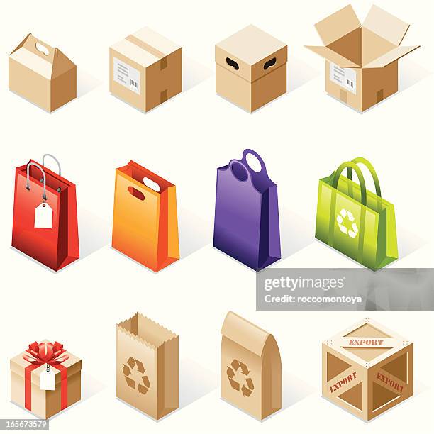 isometric icons, box and bags - open cardboard box vector stock illustrations
