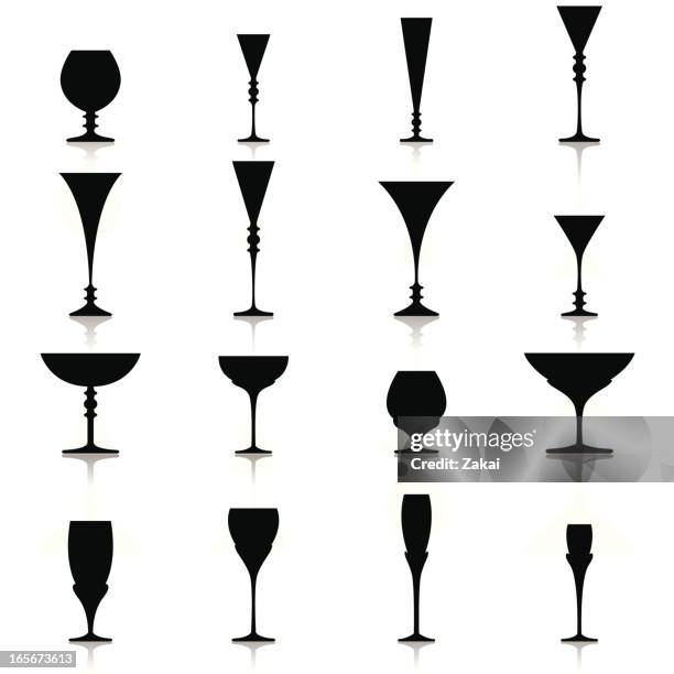 black silhouettes of glasses cups and drink recipients - brandy snifter stock illustrations