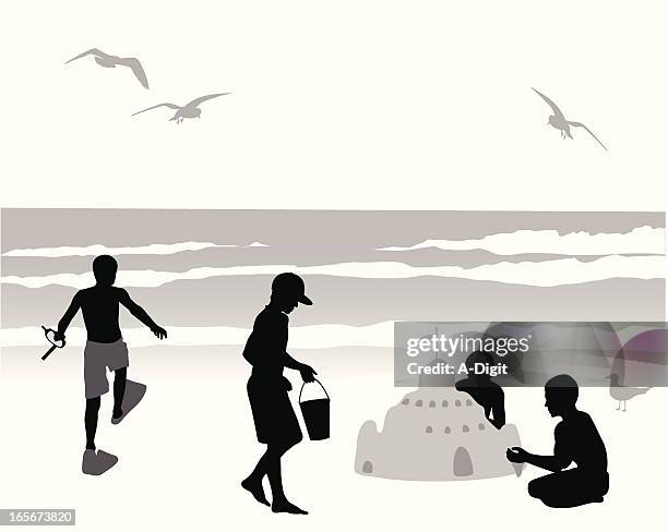 beach play vector silhouette - kid snorkel stock illustrations