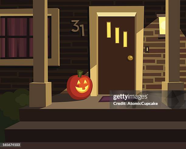 halloween porch with pumpkin - front door stock illustrations