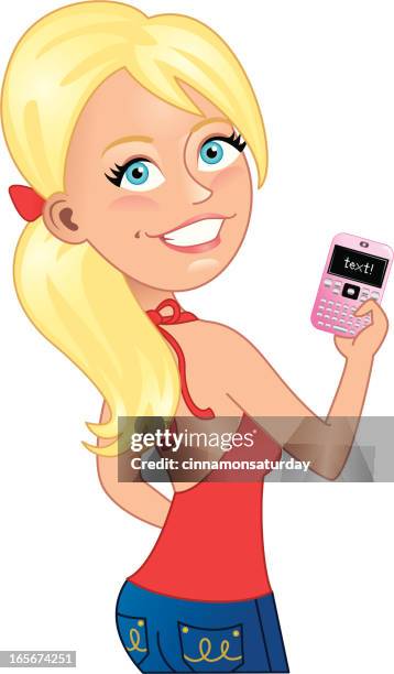 blonde looking over shoulder texting - looking back stock illustrations