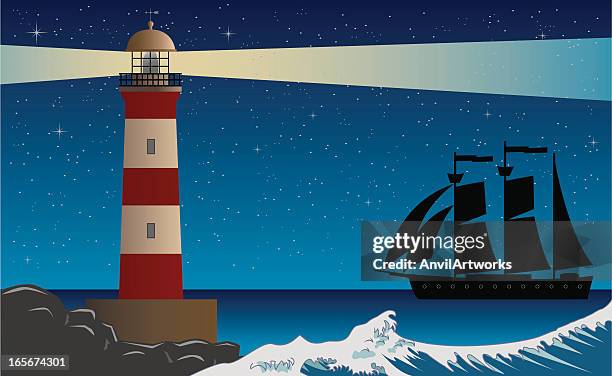 lighthouse night scene with clipper ship - lighthouse beacon stock illustrations