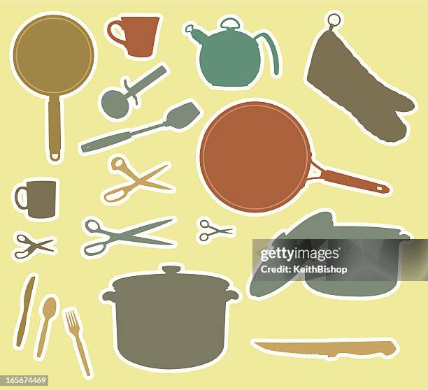 kitchen utensils, pots, pans, cup, silverware - tea kettle stock illustrations