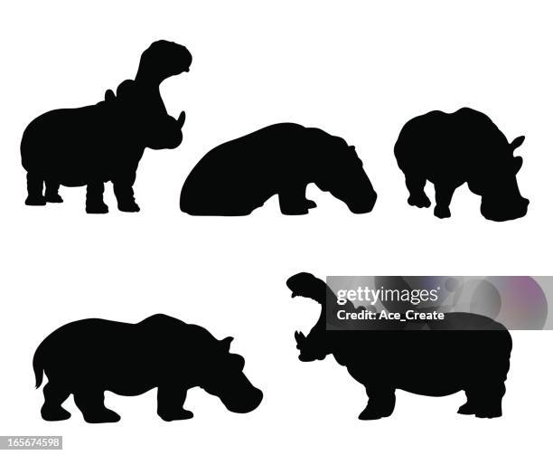 hippo silhouette set - mouth open 幅插畫檔、美工圖案、卡通及圖標