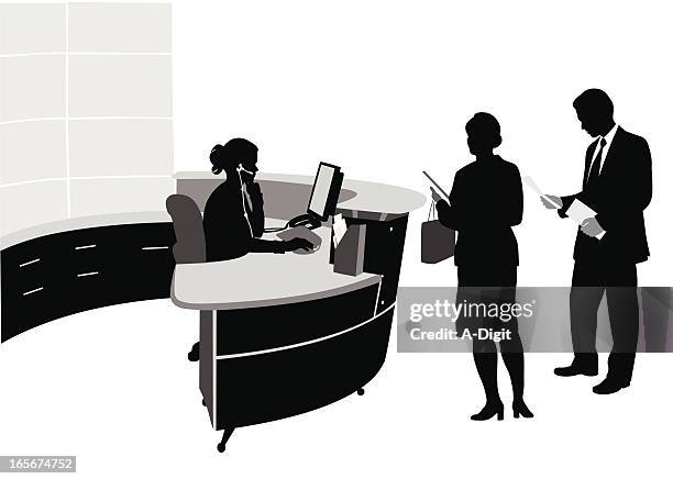 ilustrações de stock, clip art, desenhos animados e ícones de officereception - business woman desk stand