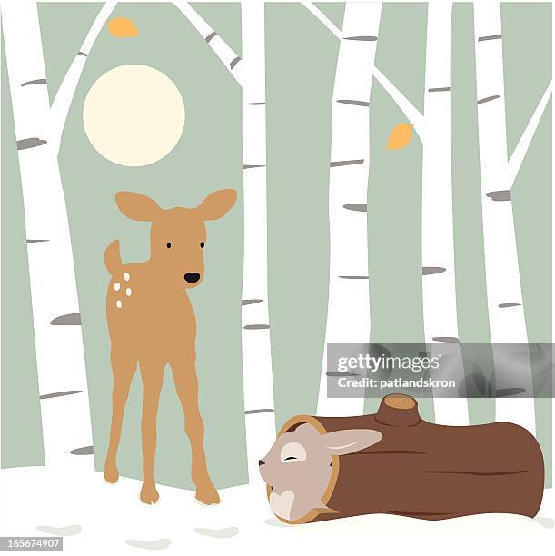 fawn pays a surprise visit - birch logs stock illustrations