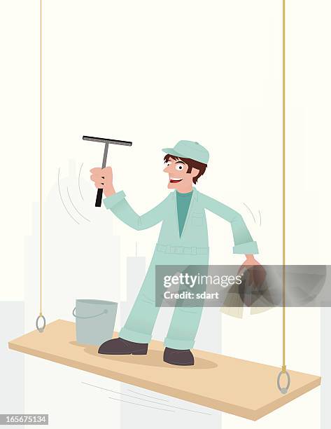 window washer on scaffold - window washer stock illustrations