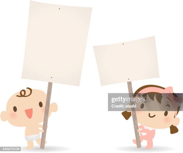 stockillustraties, clipart, cartoons en iconen met baby boy, girl holding a blank sign for your message - launches the imagine project to celebrate the 25th anniversary of the rights of a child