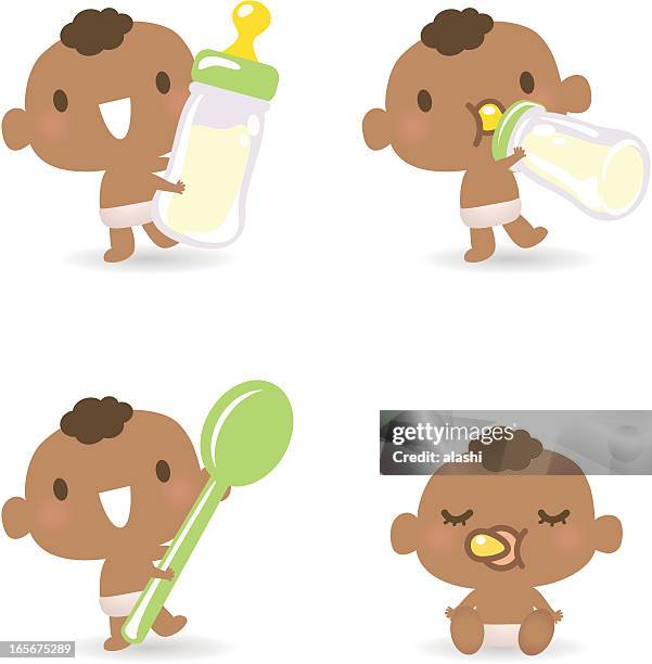 cute babies feeding (eating), drinking from milk bottle, sleeping - baby spoon stock illustrations