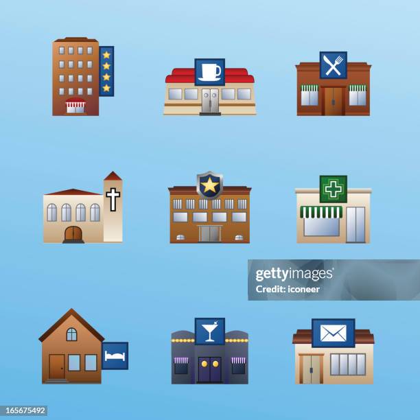 buildings icon set 3 - post office building stock illustrations