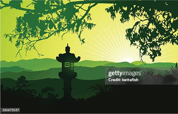 green japanese landscape with lantern - japan-background stock illustrations