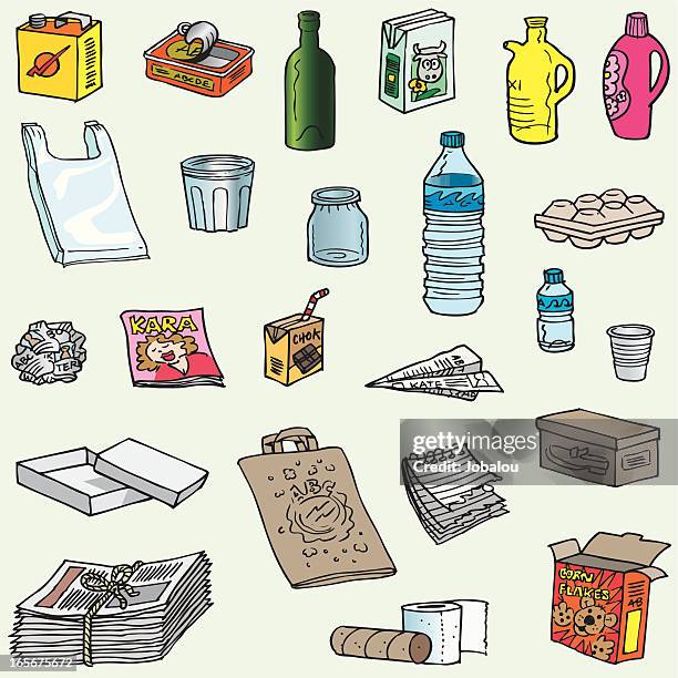 ilustraciones, imágenes clip art, dibujos animados e iconos de stock de lotes de los objetos para reciclado - arrugados