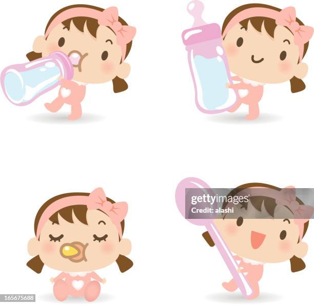 cute babies feeding (eating), drinking from milk bottle, sleeping - baby spoon stock illustrations