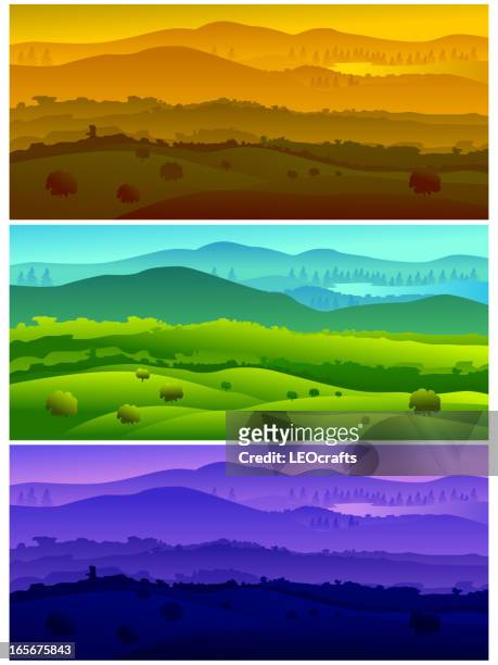 beautiful landscapes, representing time of the day - rolling landscape stock illustrations