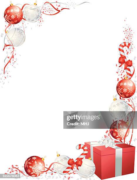 red white christmas present candy canebauble vertical frame - gift bow side view stock illustrations