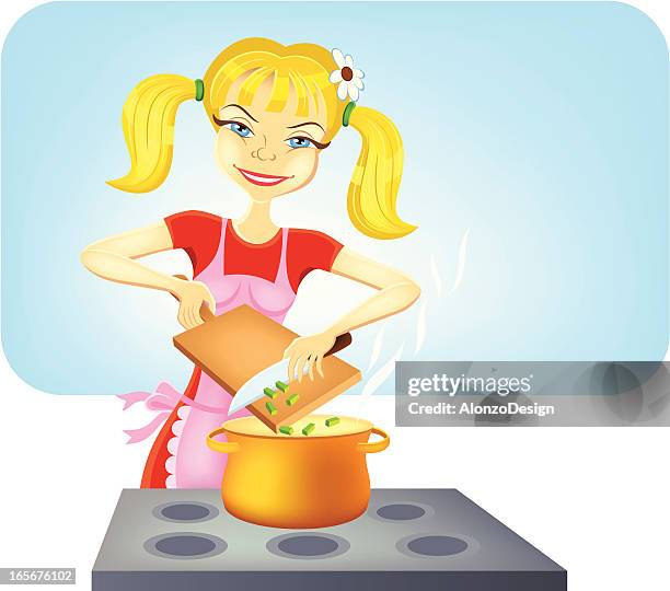 beautiful girl cooking - kitchen herbs stock illustrations