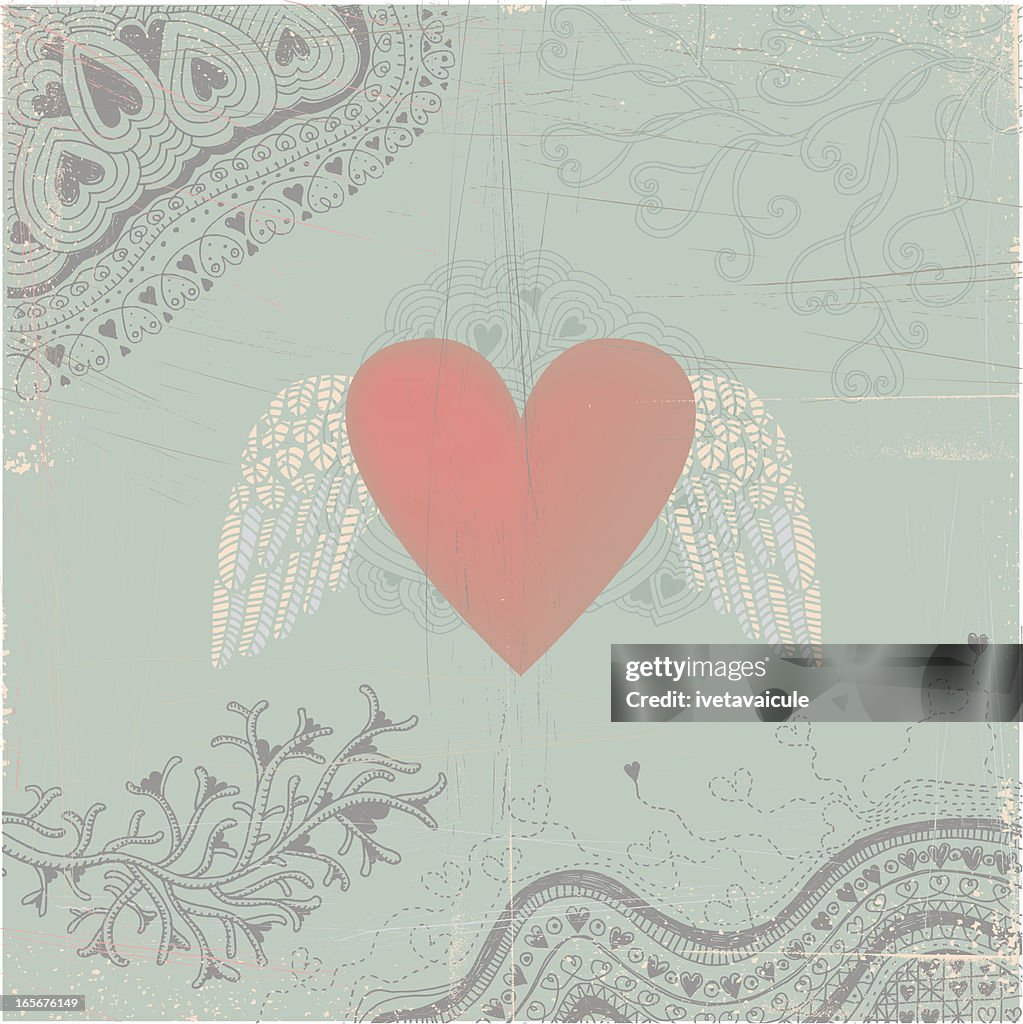 Heart with wings on seamless doodle background